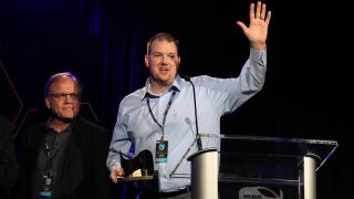 Chris Nighman of Audio Technica accepts TEC Award for Microphones-Recording
